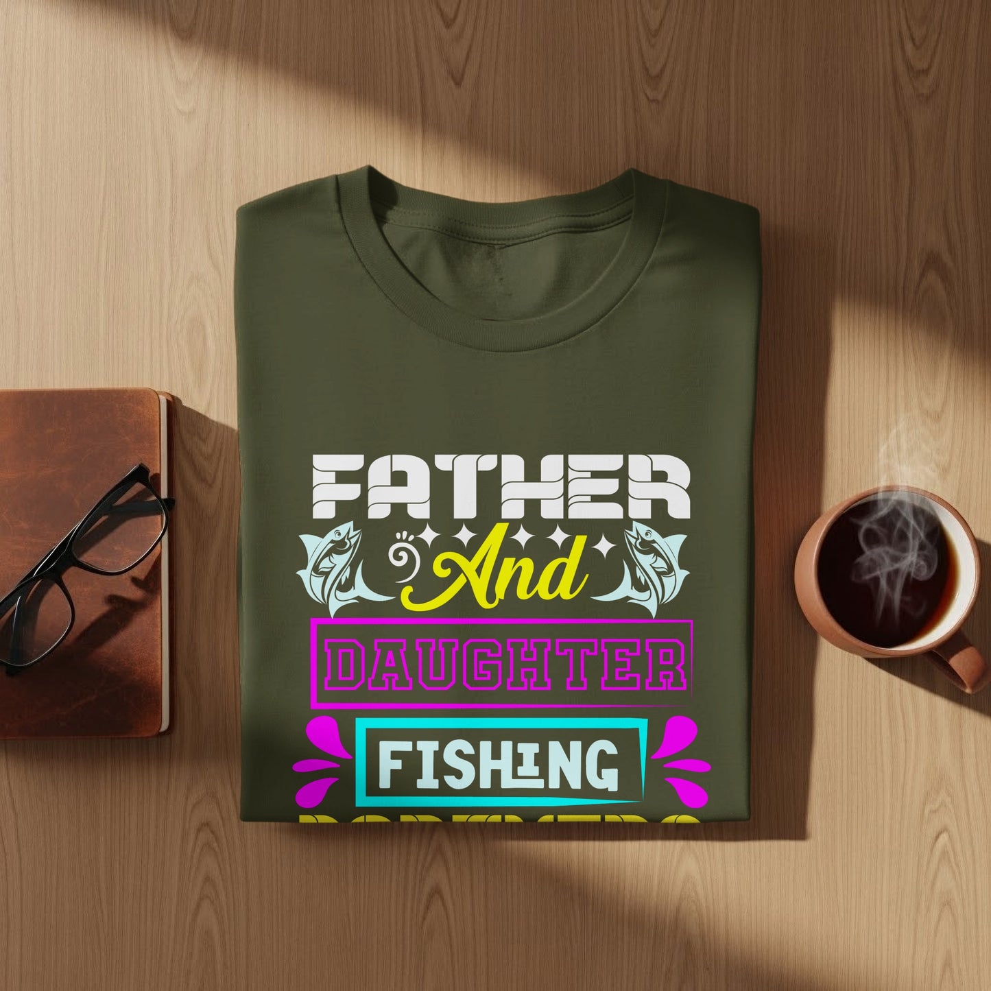 Olive green t-shirt with "Father And Daughter Fishing" text and fish graphics.
