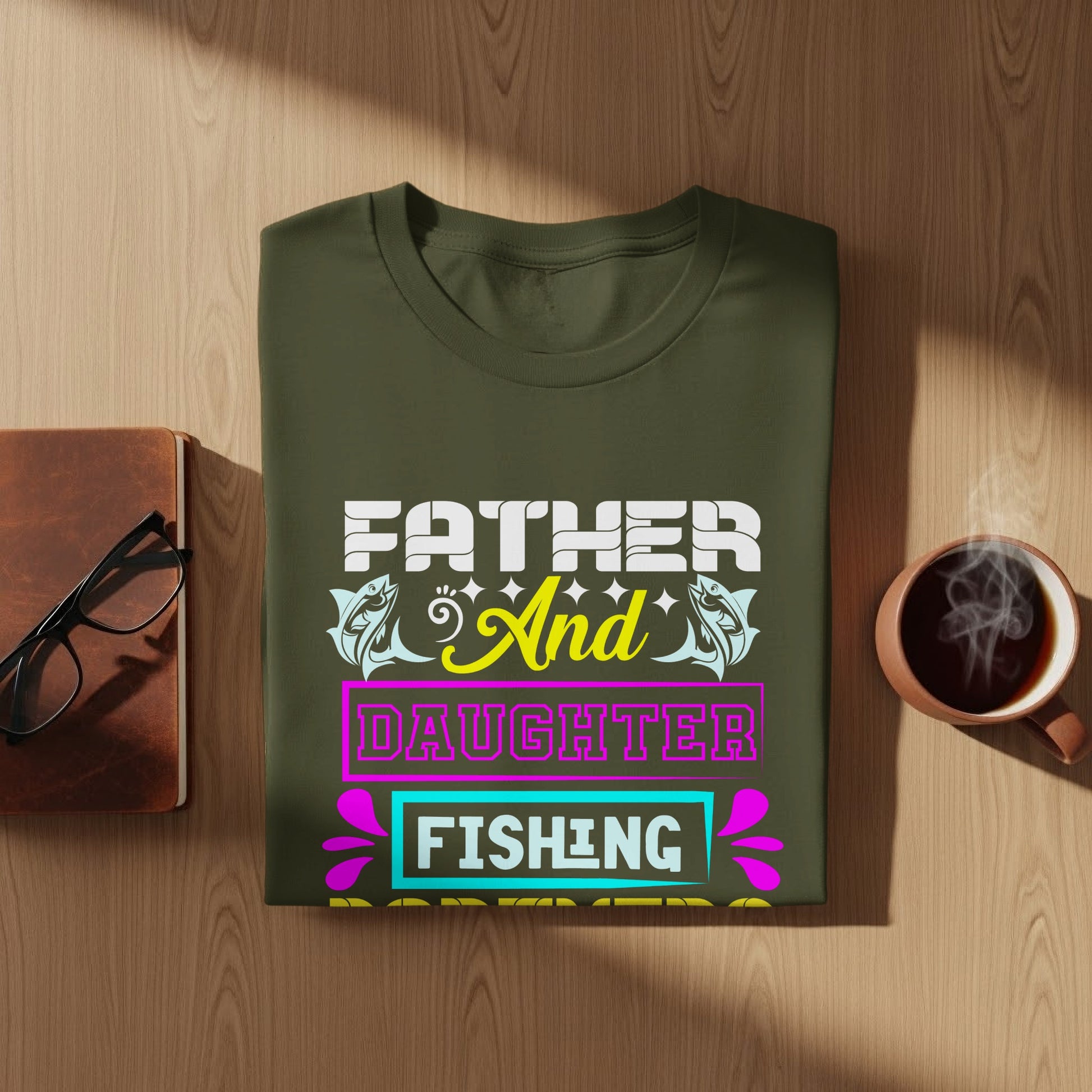 Olive green t-shirt with "Father And Daughter Fishing" text and fish graphics.