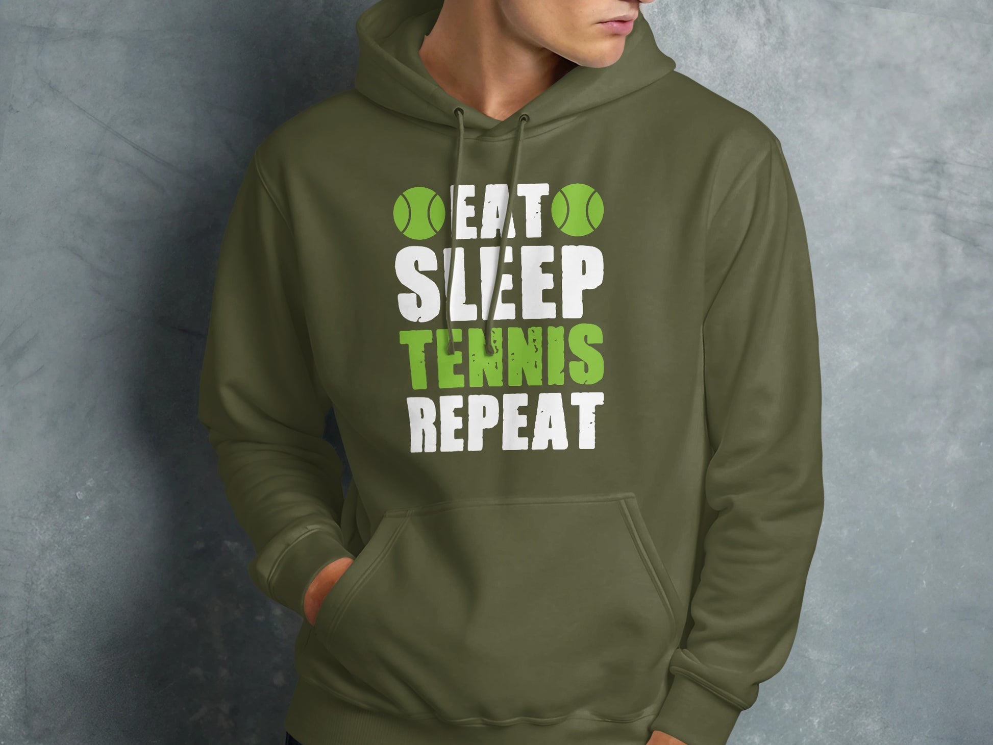 Green hoodie with white text "EAT SLEEP TENNIS REPEAT" and tennis ball graphic.