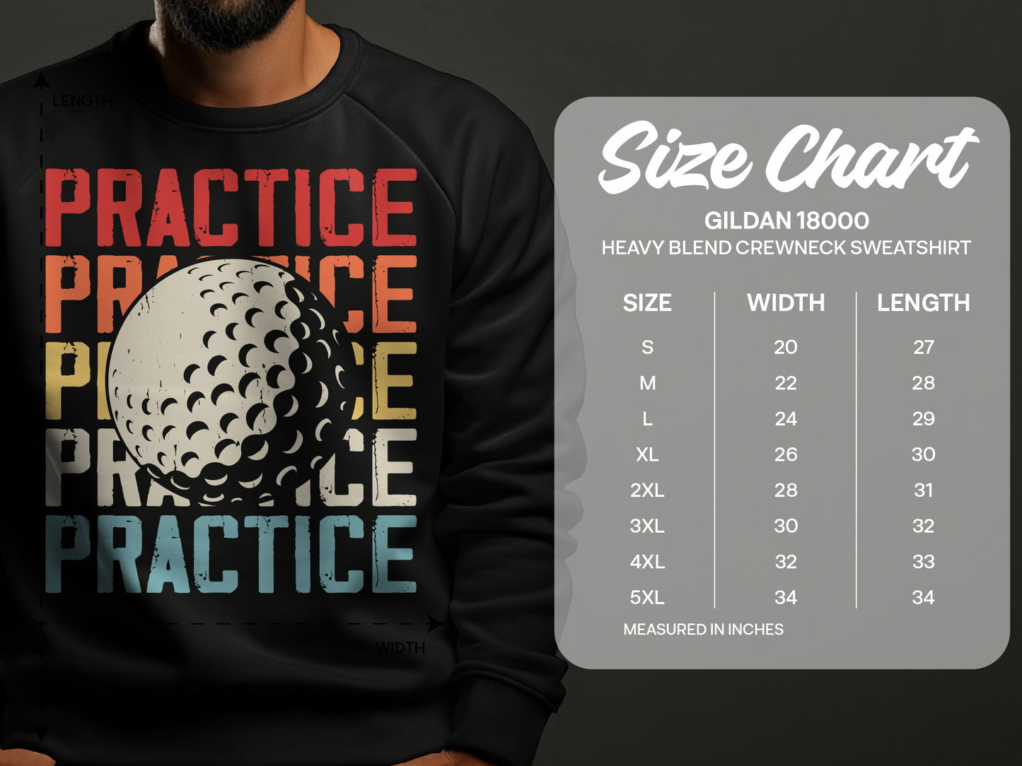 Crewneck sweatshirt size chart with "Practice" text and golf ball graphic.