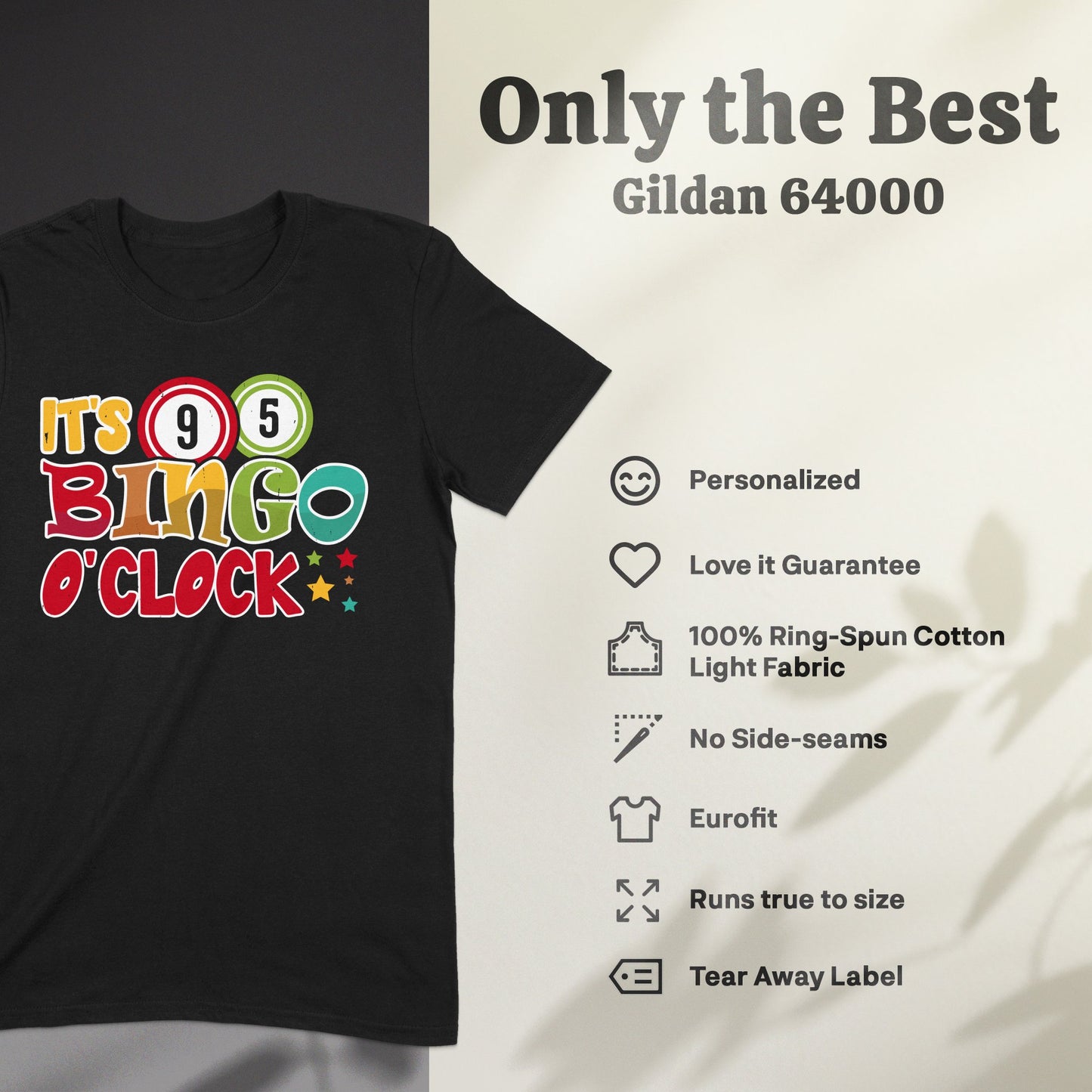 Black t-shirt with "It's Bingo O'Clock" design and product features list.