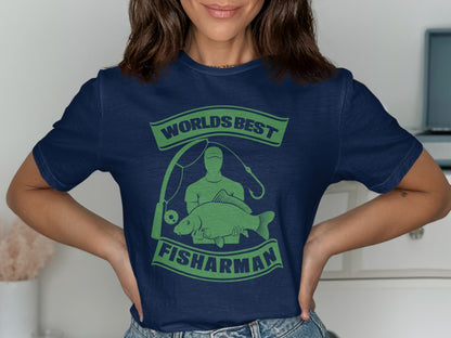 Navy t-shirt with green graphic "World's Best Fisherman" and cartoon angler holding fish.