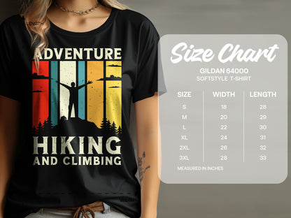 T-shirt with "Adventure Hiking and Climbing" graphic and size chart.