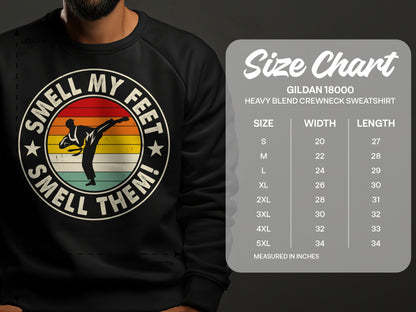 Sweatshirt size chart with graphic of a martial artist and text "Smell my feet, smell them!".