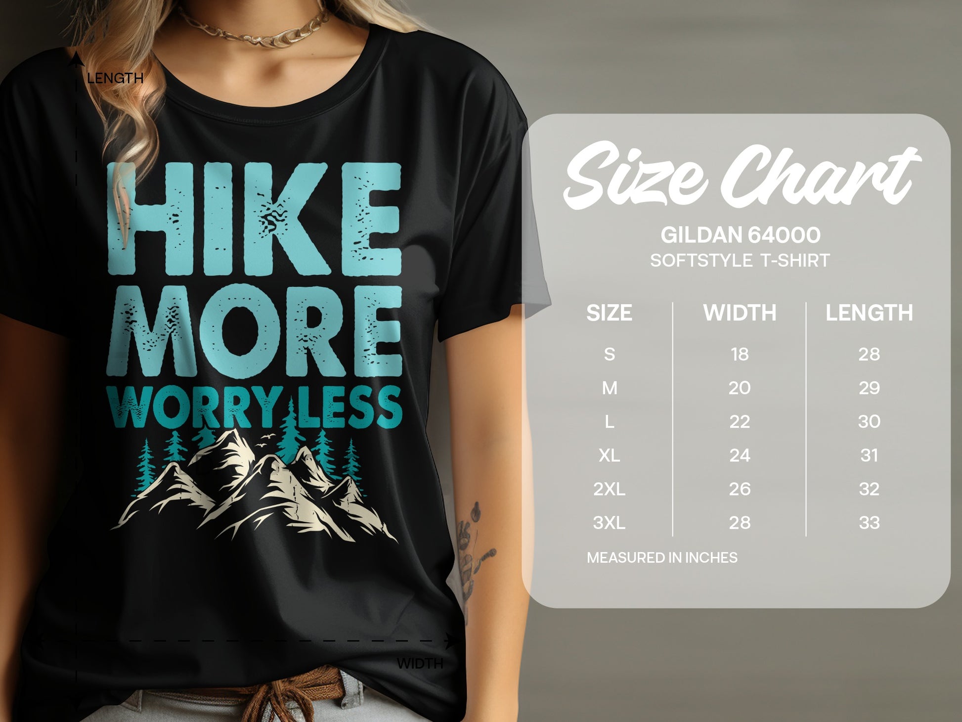 T-shirt with "Hike More Worry Less" design and size chart.