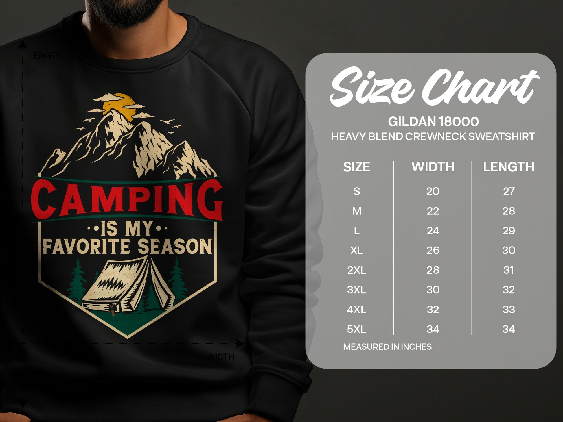 Gildan 18000 sweatshirt with camping graphic and size chart.