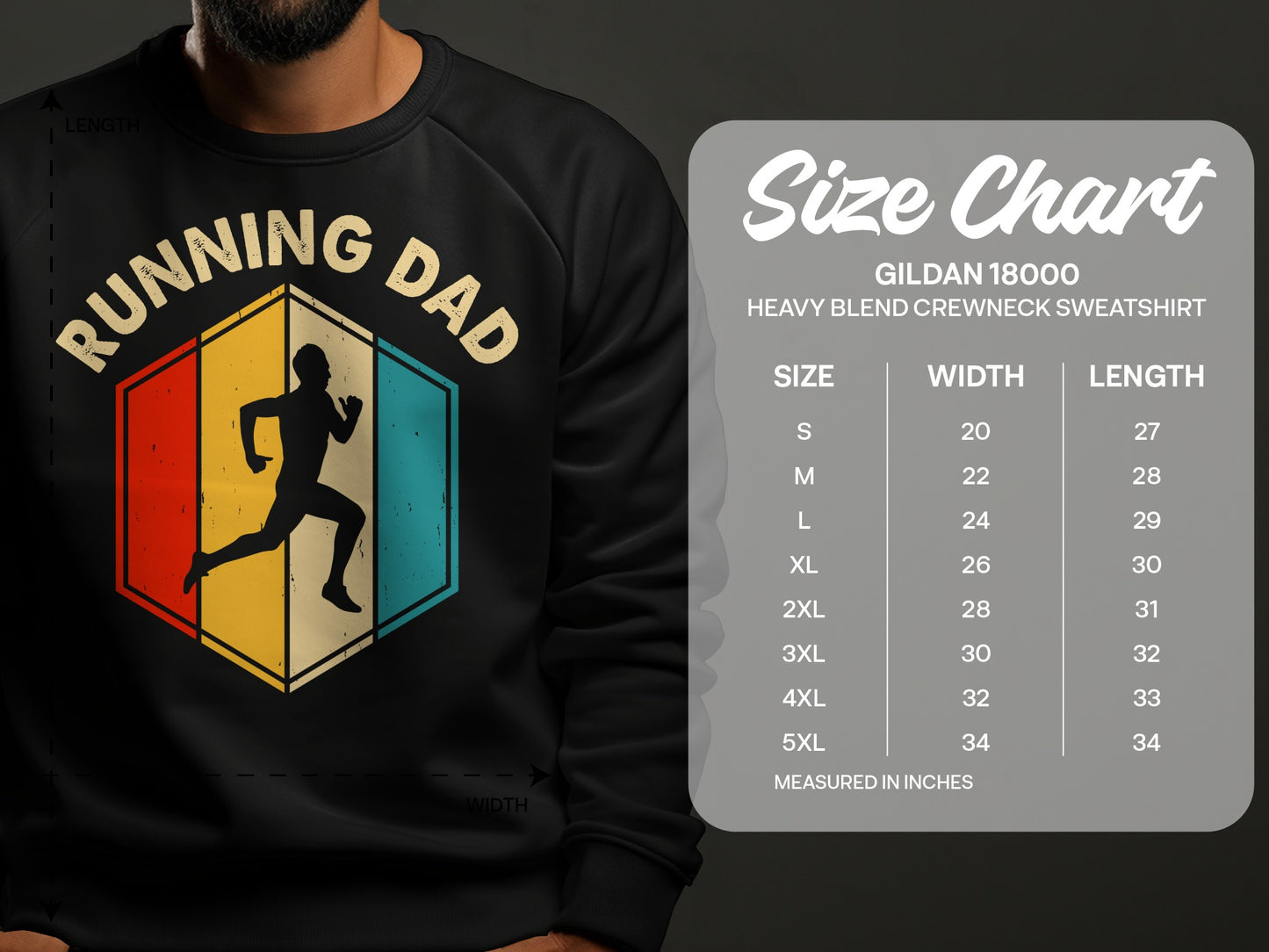 Gildan 18000 sweatshirt size chart with running dad graphic.