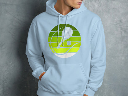 Light blue hoodie with a circular tennis graphic featuring a racket, ball, and court lines.