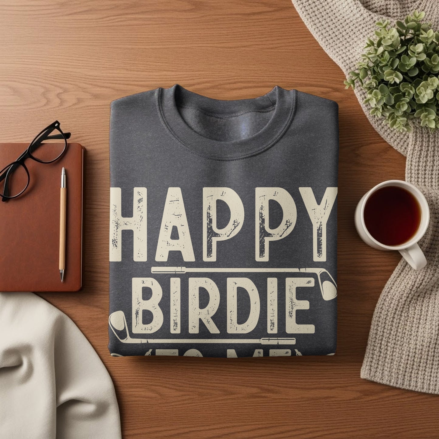 Dark gray sweatshirt with "HAPPY BIRDIE" text and golf club graphics.