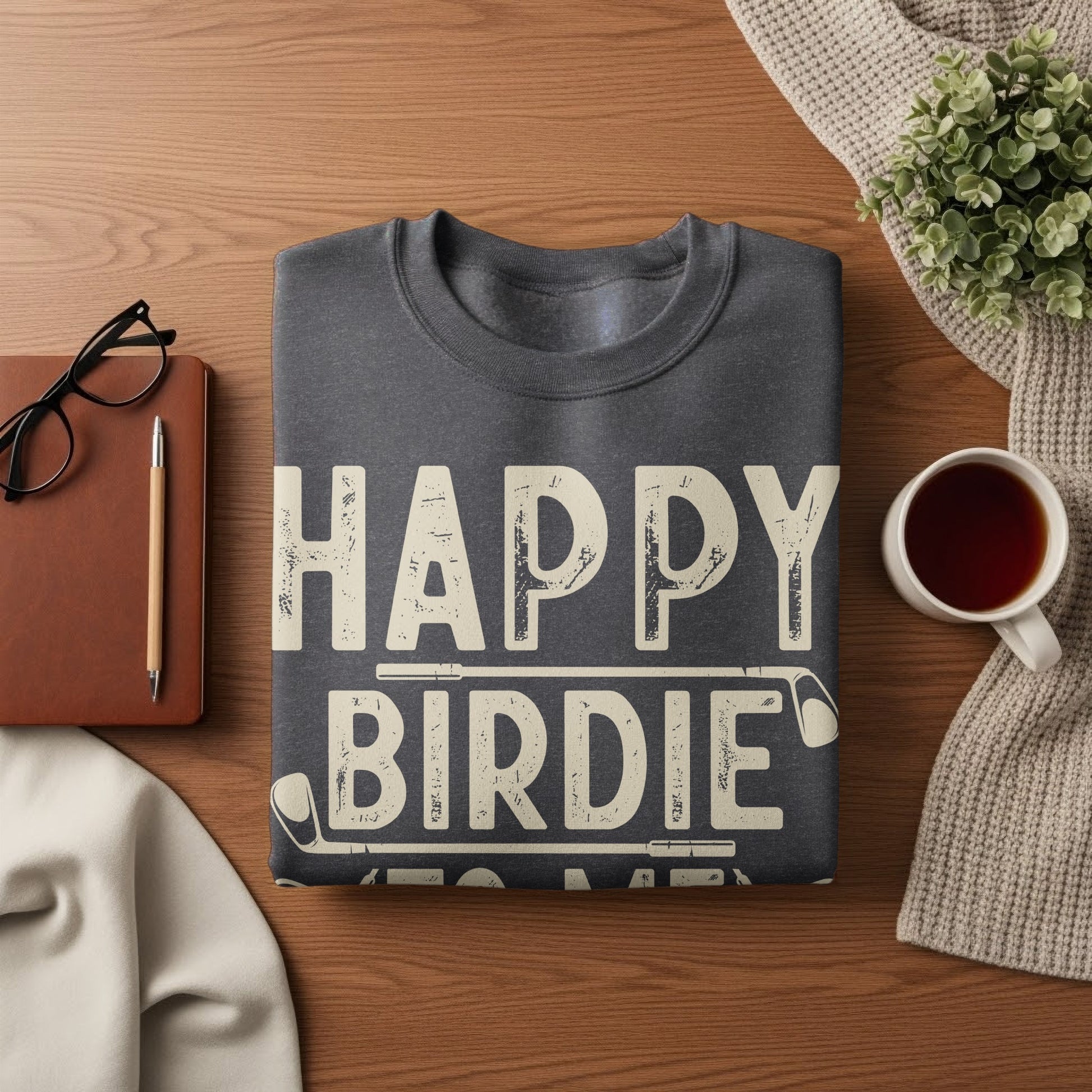 Dark gray sweatshirt with "HAPPY BIRDIE" text and golf club graphics.