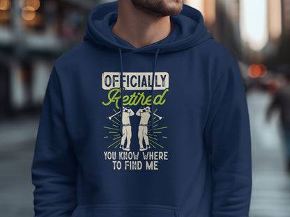 Navy hoodie with "Officially Retired" and golf imagery.