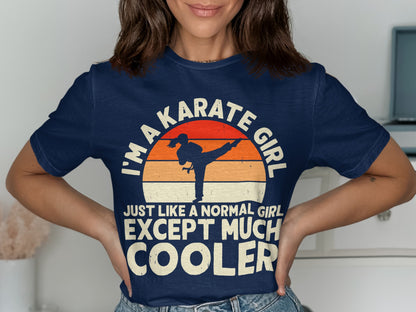 Navy t-shirt with "I'm a karate girl just like a normal girl except much cooler" text and graphic.