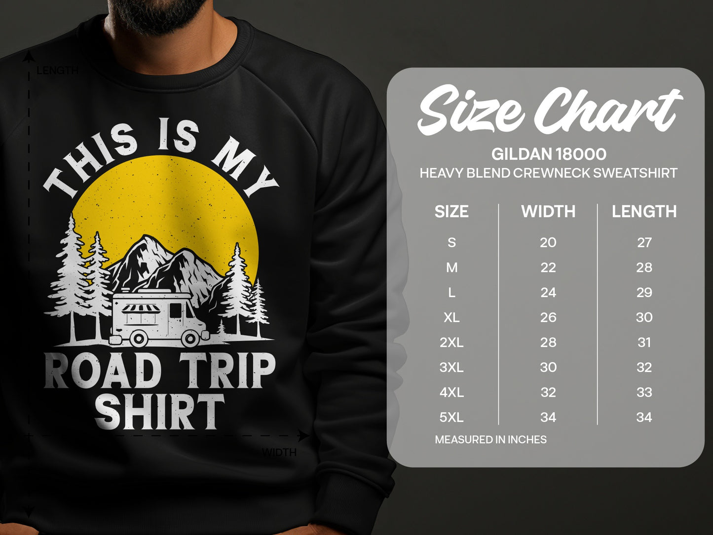 "This is my Road Trip Shirt" graphic on a black sweatshirt with a size chart.