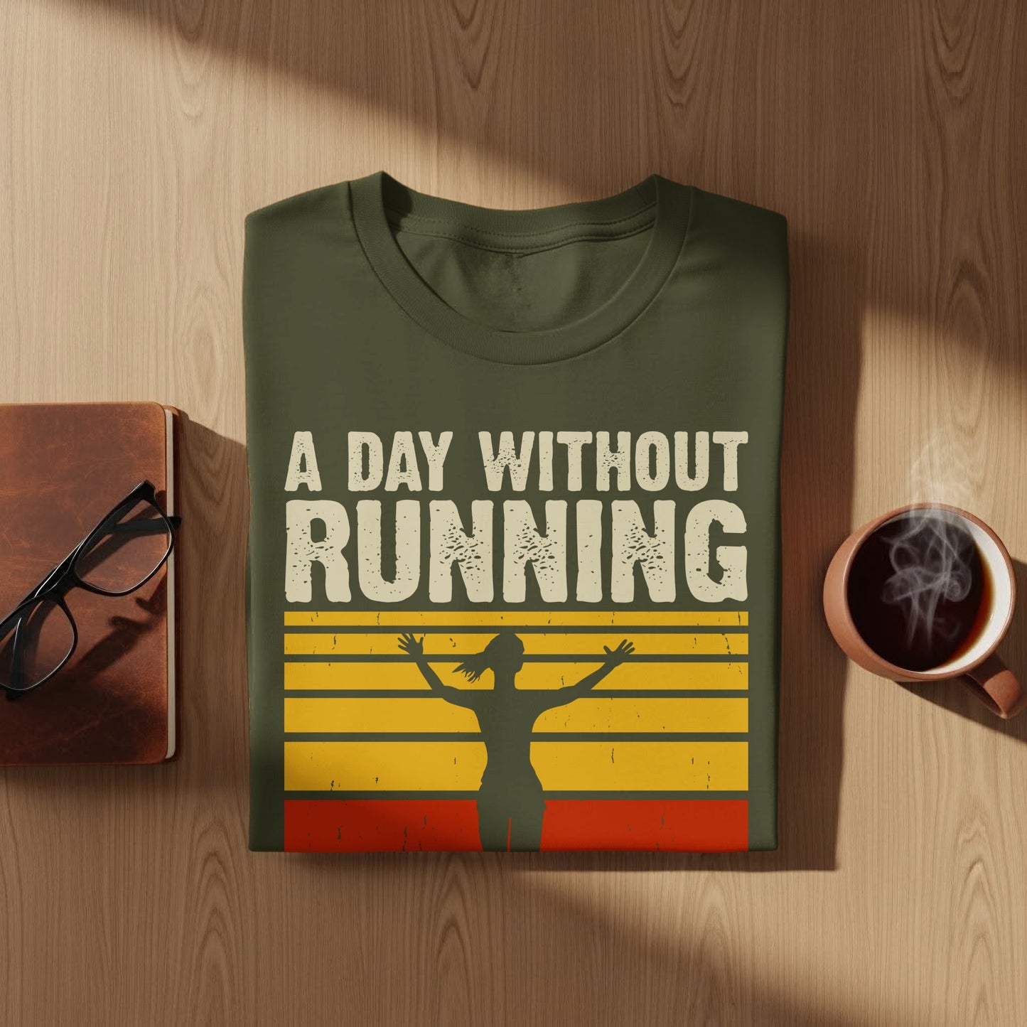 Green t-shirt with "A Day Without Running" text and runner silhouette.