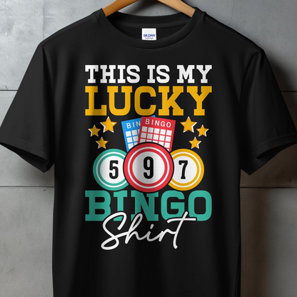 Black t-shirt with "THIS IS MY LUCKY BINGO Shirt" and bingo numbers.