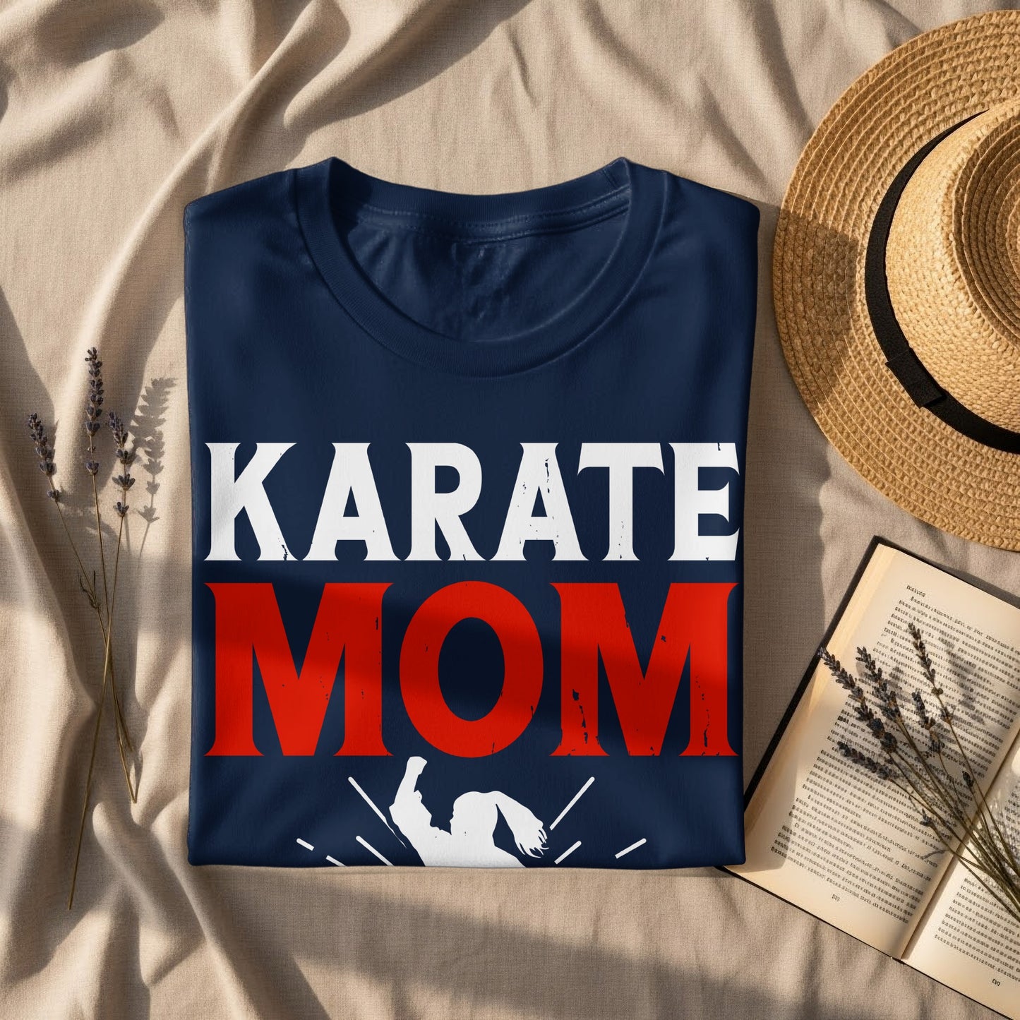 Navy t-shirt with "Karate Mom" in white and red text.
