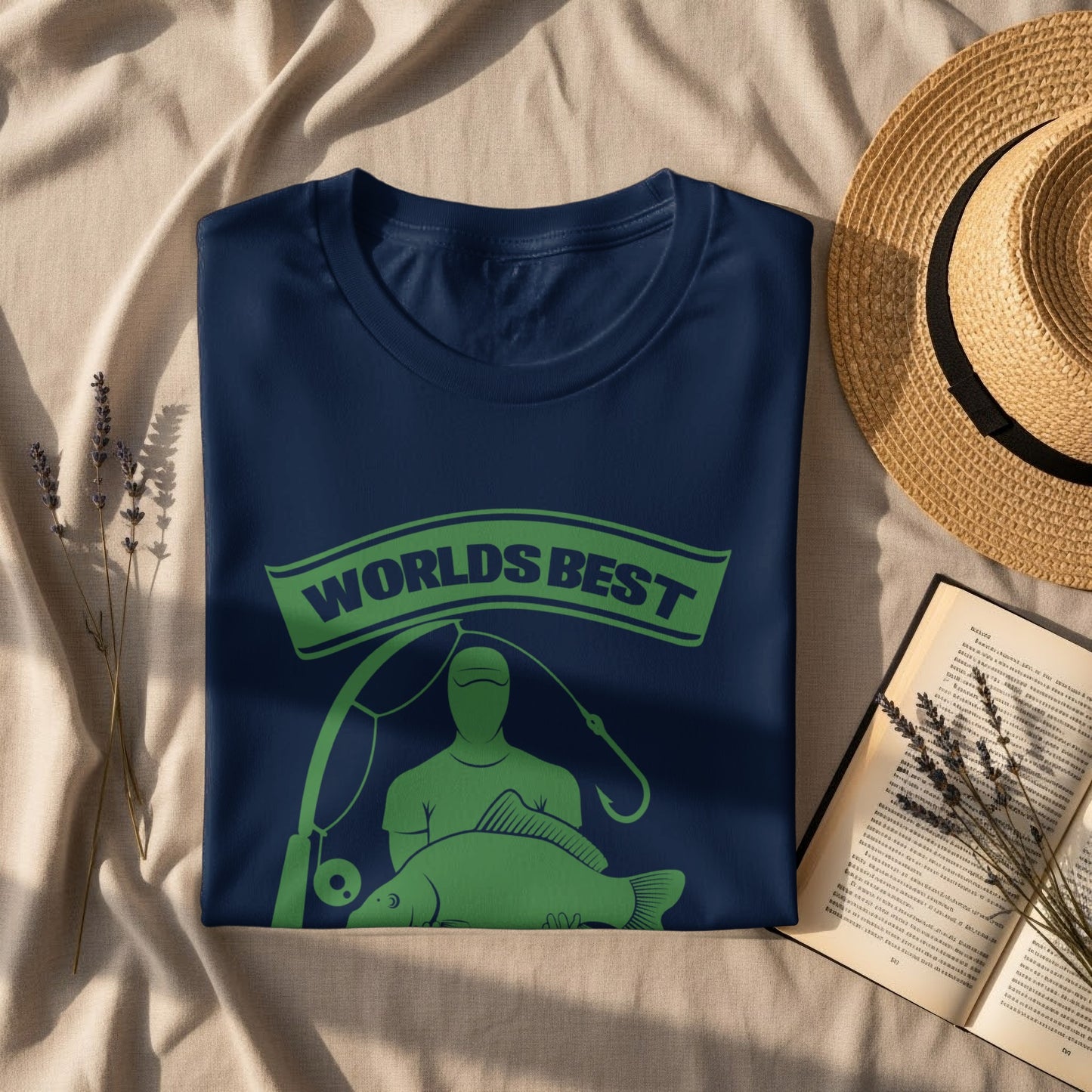 Navy t-shirt with "WORLD'S BEST" and a fishing graphic.
