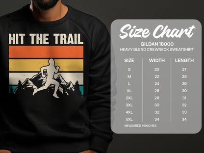 Gildan 18000 sweatshirt size chart with "Hit the Trail" graphic.