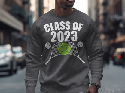 Gray sweatshirt with "CLASS OF 2023" and tennis rackets and balls graphic.