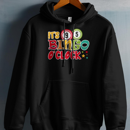 Black hoodie with "It's Bingo O'Clock" text and colorful bingo balls.