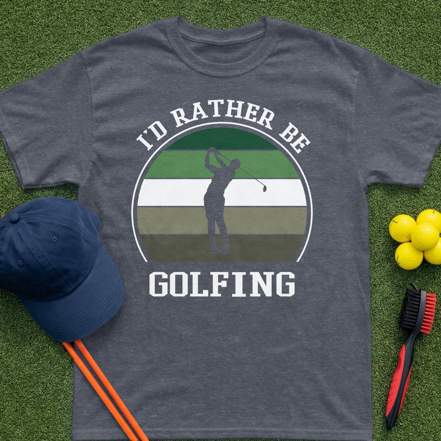 Golf t-shirt with "I'd Rather Be Golfing" text and golfer silhouette.