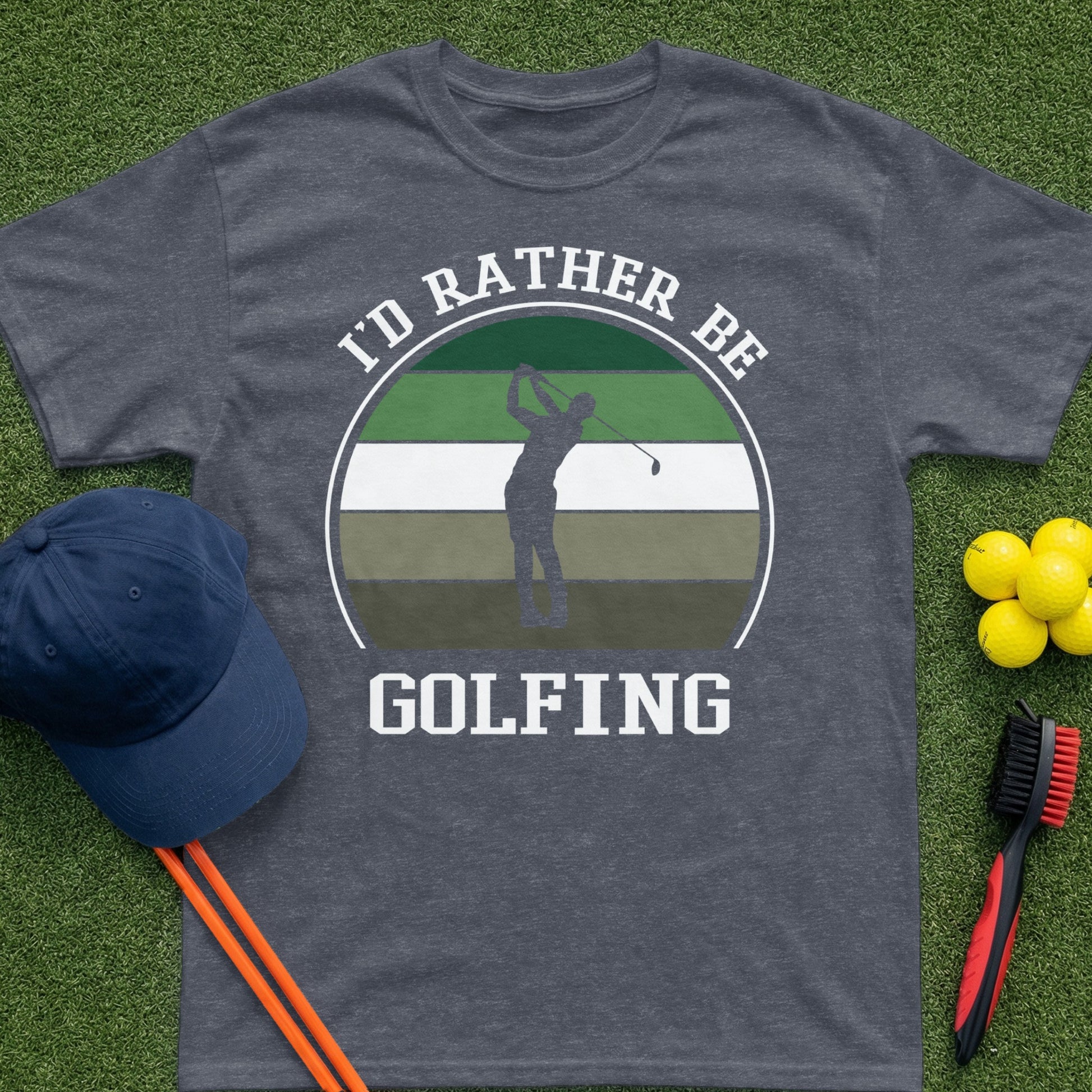 Golf t-shirt with "I'd Rather Be Golfing" text and golfer silhouette.
