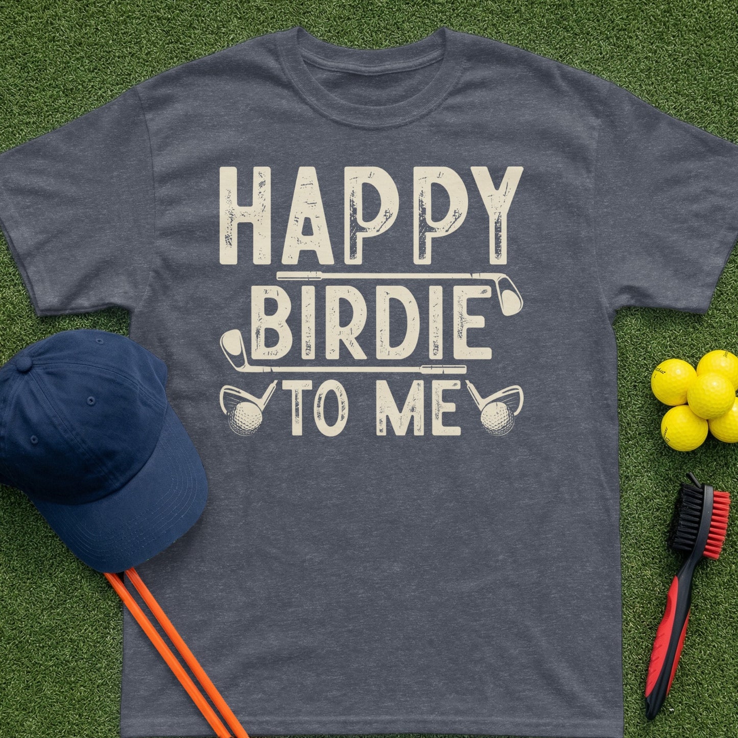 Dark grey t-shirt with "Happy Birdie To Me" text and golf accessories.