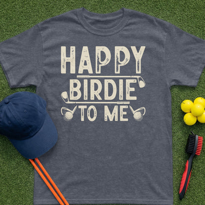 Dark grey t-shirt with "Happy Birdie To Me" text and golf accessories.