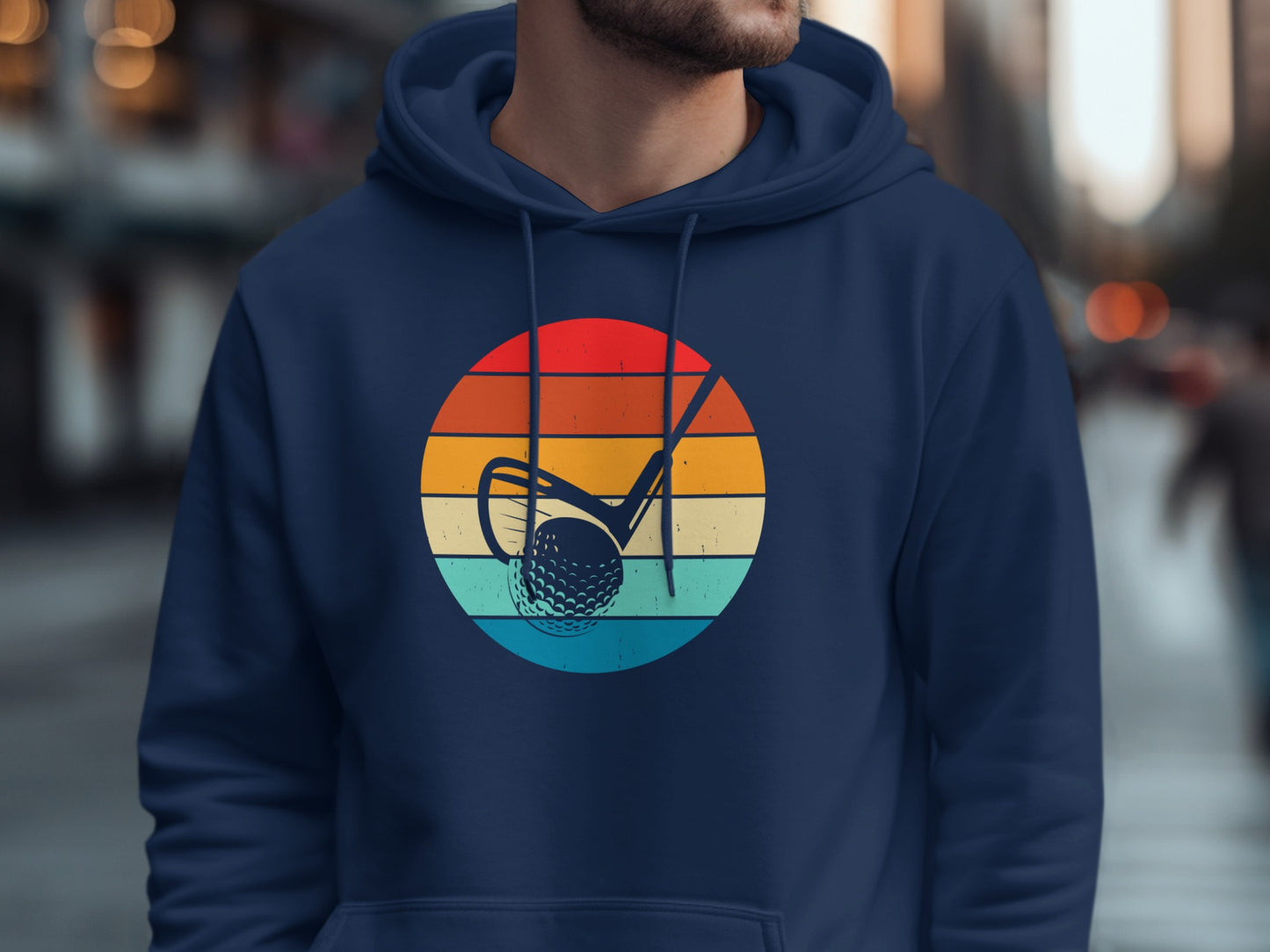 Navy blue hoodie with a vintage sunset graphic featuring a golf ball and club.