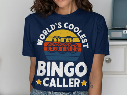 Navy t-shirt with "World's Coolest Bingo Caller" and bingo balls.