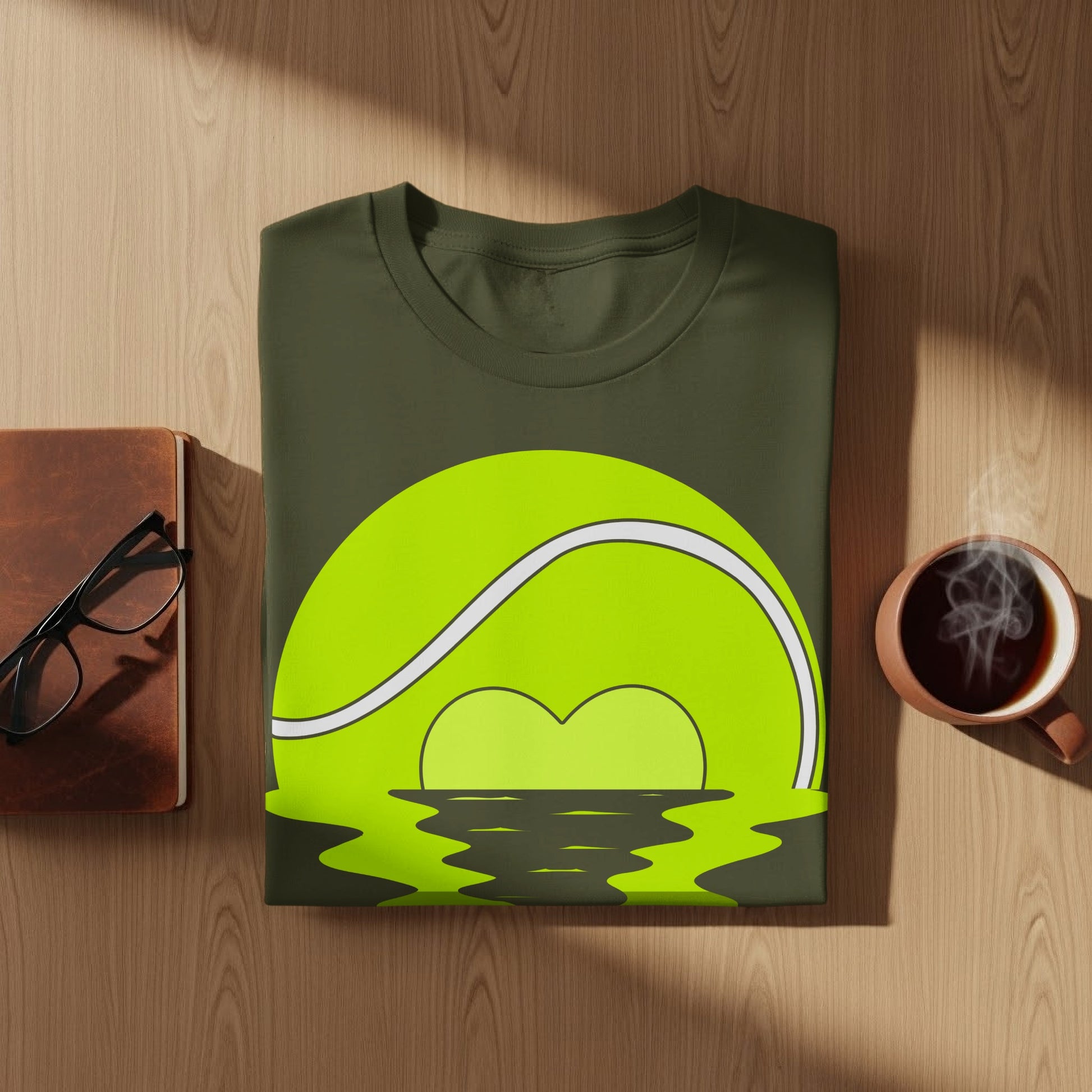 Green t-shirt with a tennis ball and heart shaped reflection.