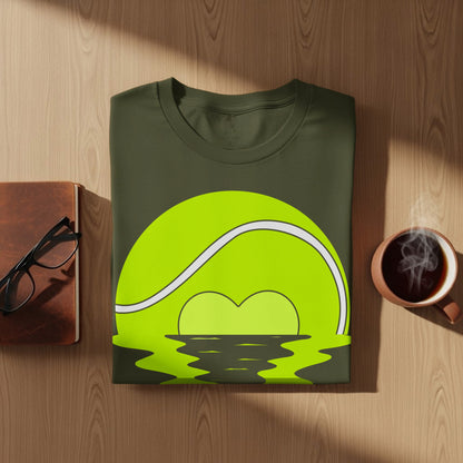 Green t-shirt with a tennis ball and heart shaped reflection.