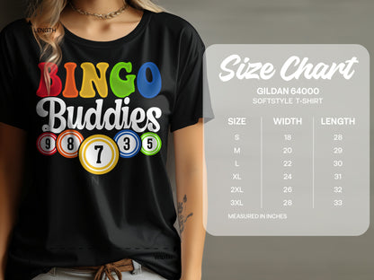 Black t-shirt with "BINGO Buddies" graphic and size chart.