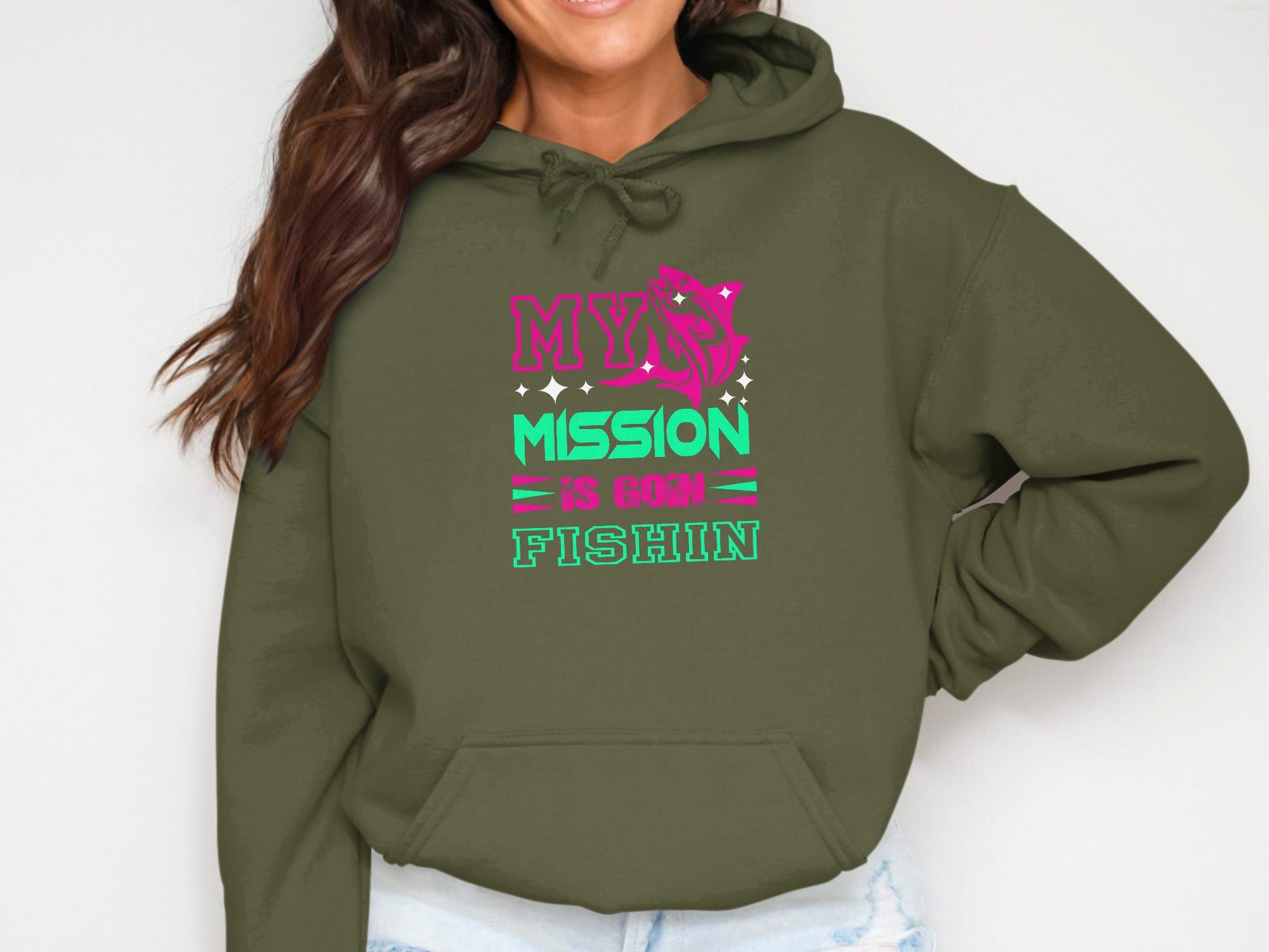 Green hoodie with "My Mission Is Goin Fishin" text and fish graphic.