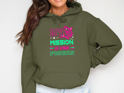 Green hoodie with "My Mission Is Goin Fishin" text and fish graphic.