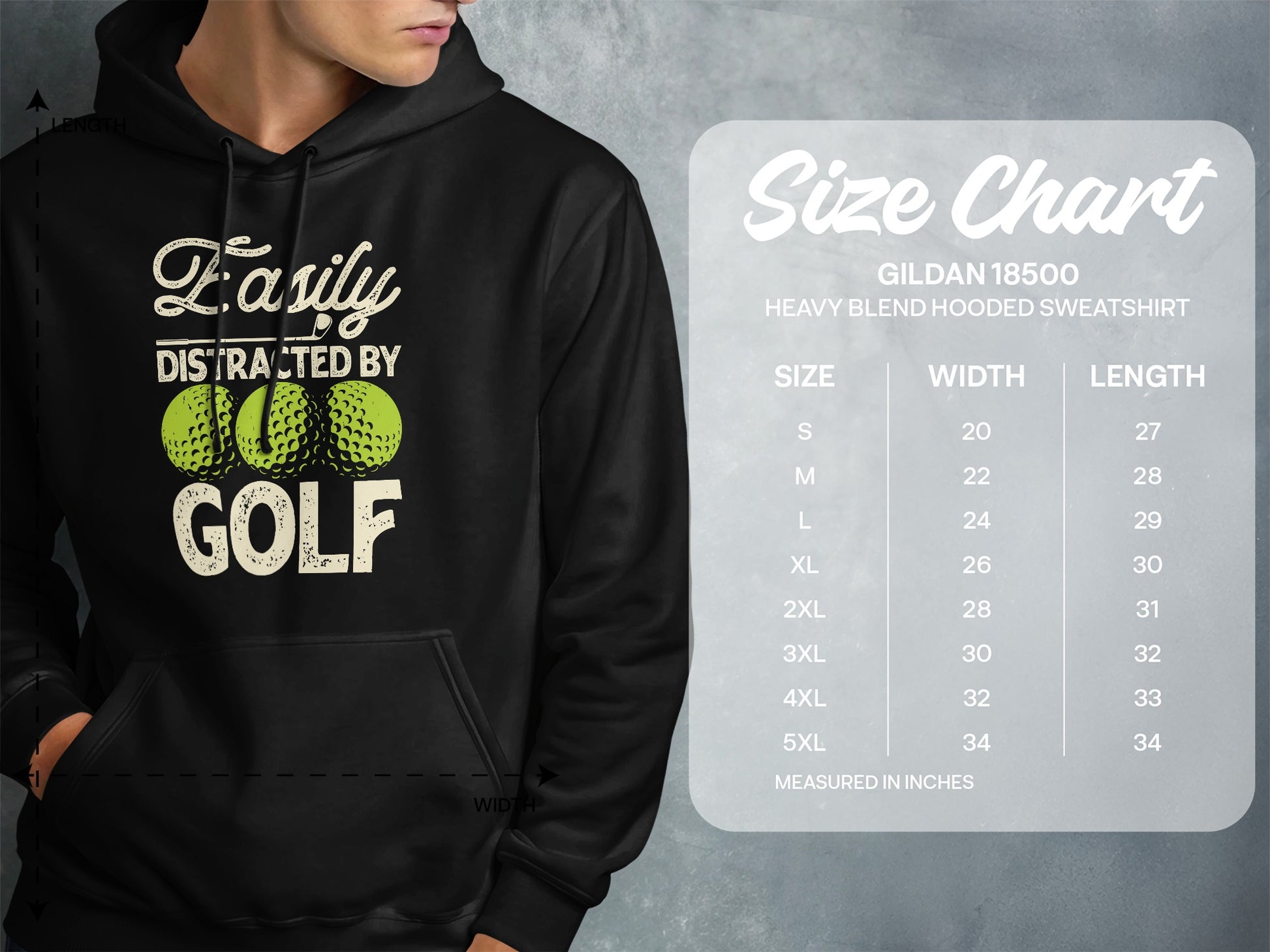 Hoodie with "Easily Distracted by Golf" graphic and size chart.