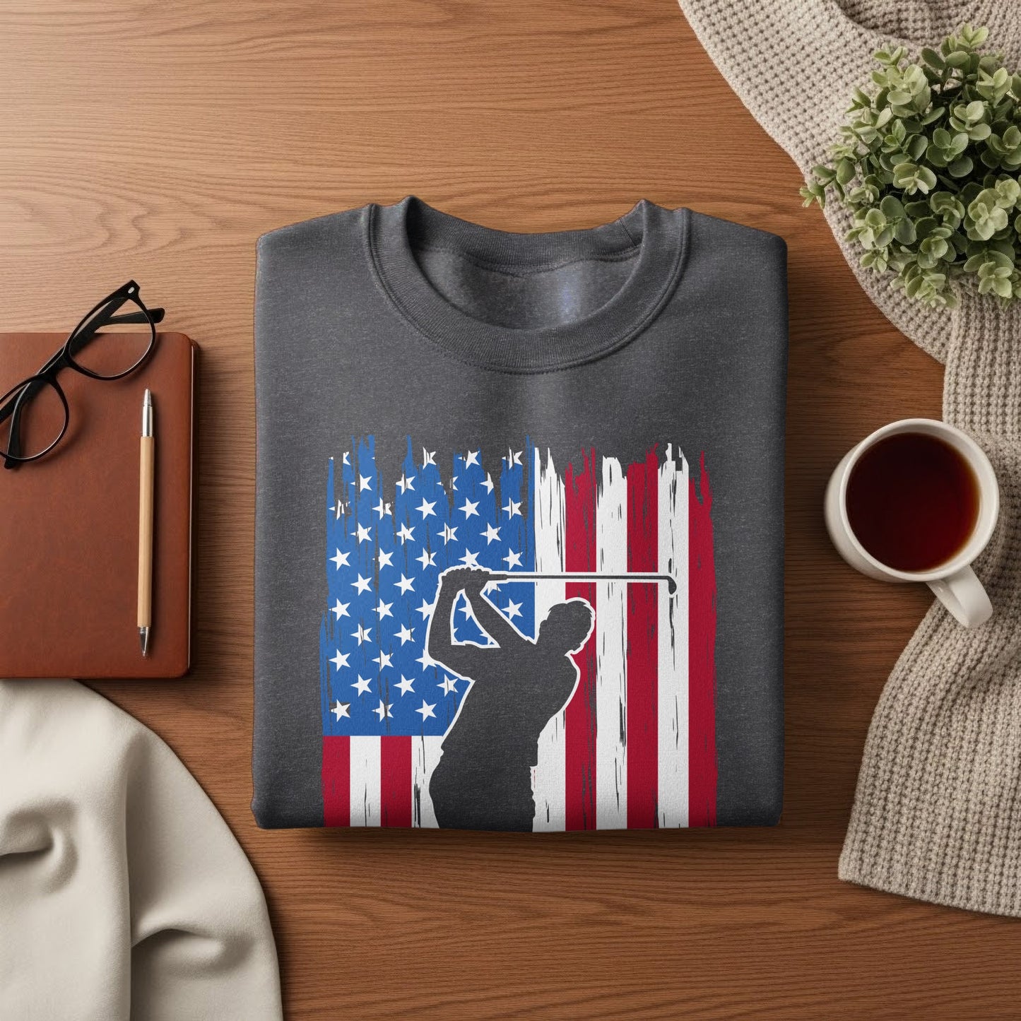 Dark gray sweatshirt with distressed American flag and golfer silhouette.