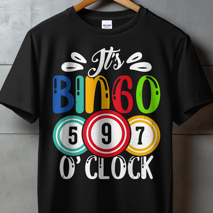 Black t-shirt with "It's Bingo O'Clock" text and numbered bingo balls.