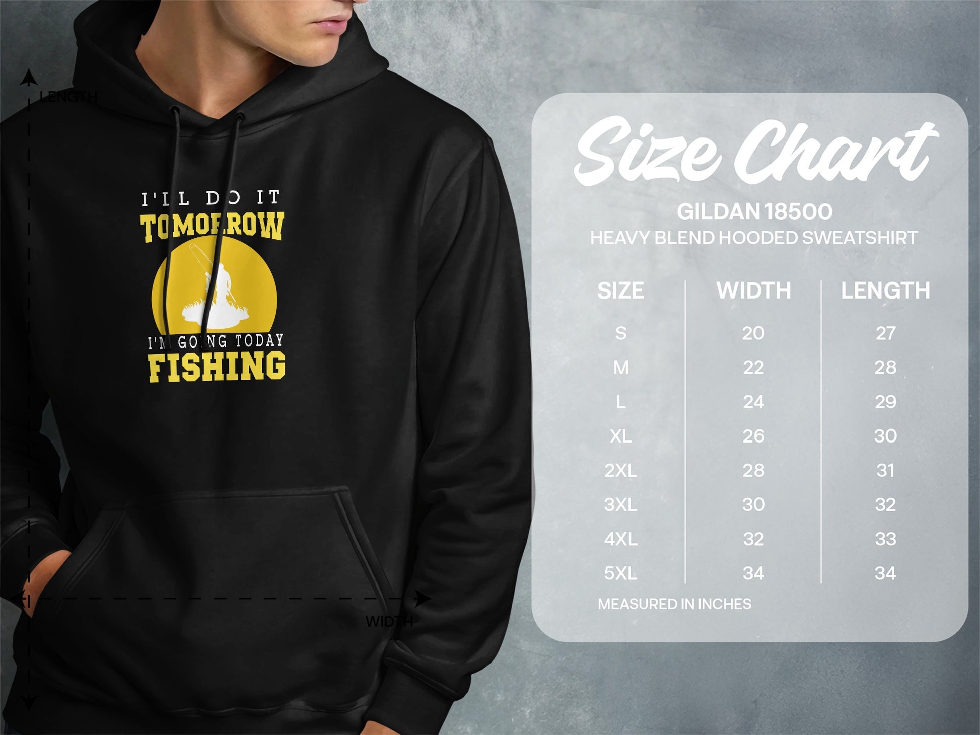 Hooded sweatshirt with fishing graphic and size chart for Gildan 18500 sweatshirt.