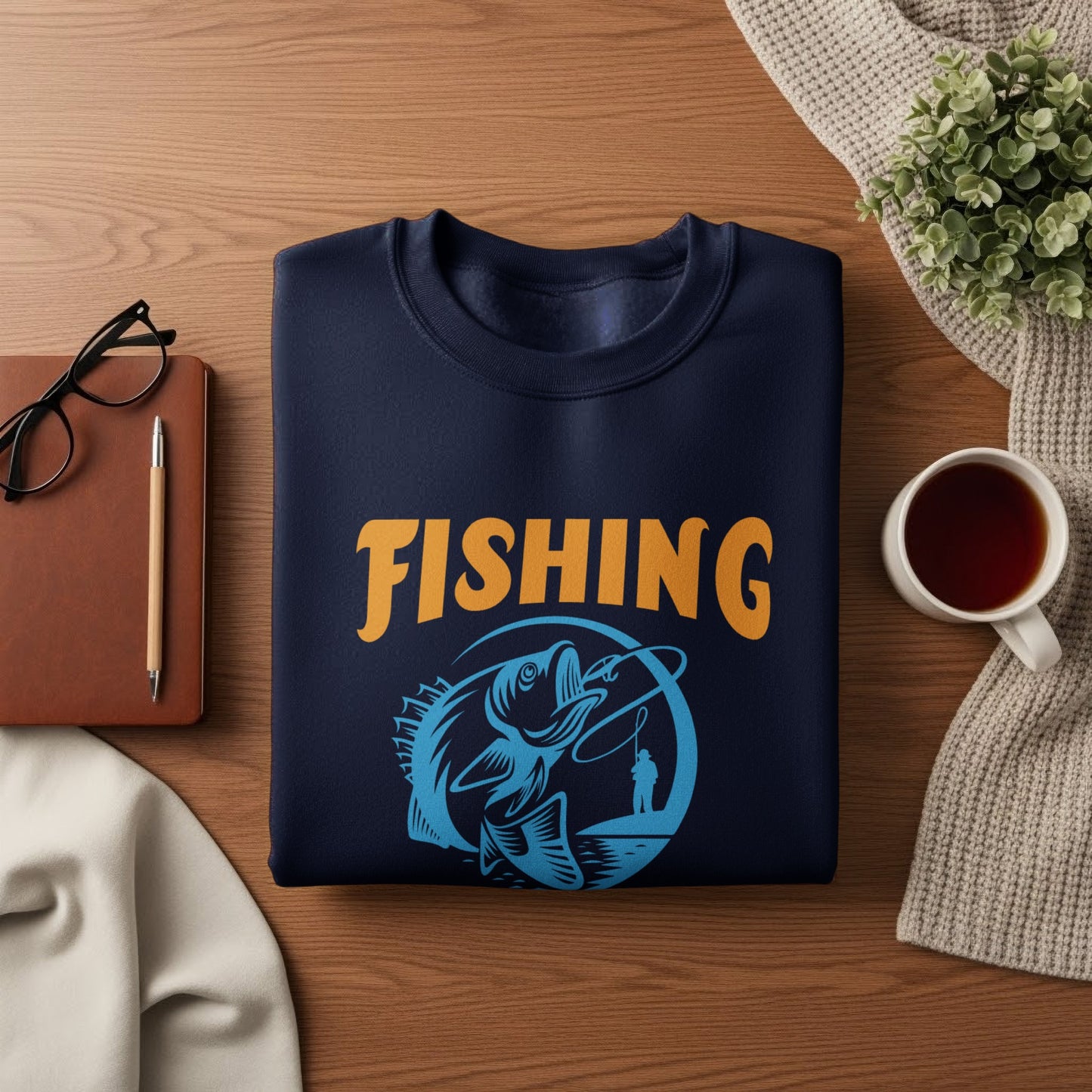 Navy sweatshirt with "FISHING" text and a graphic of a fish and angler.