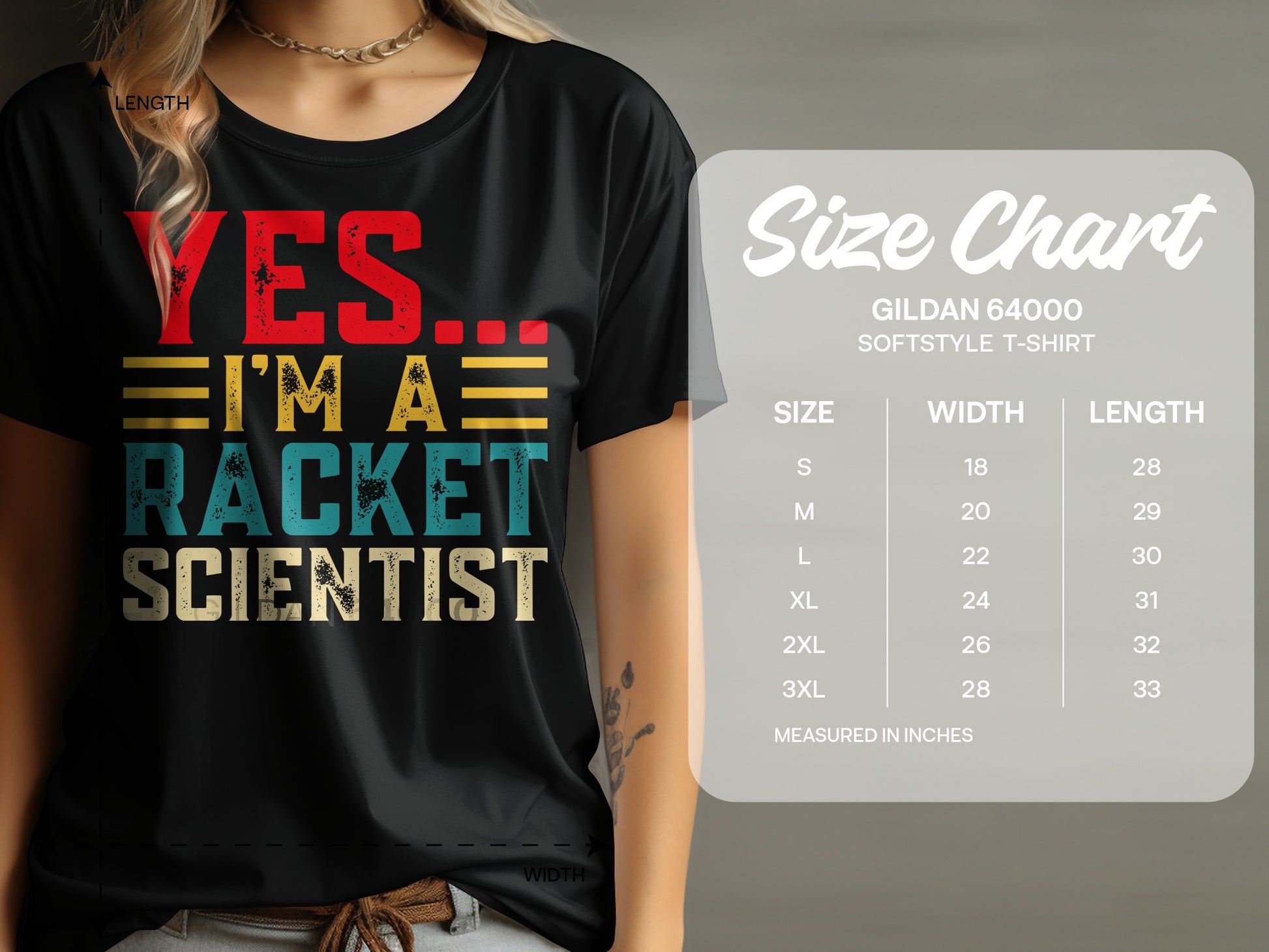 Black t-shirt with "YES I'M A RACKET SCIENTIST" and a size chart.