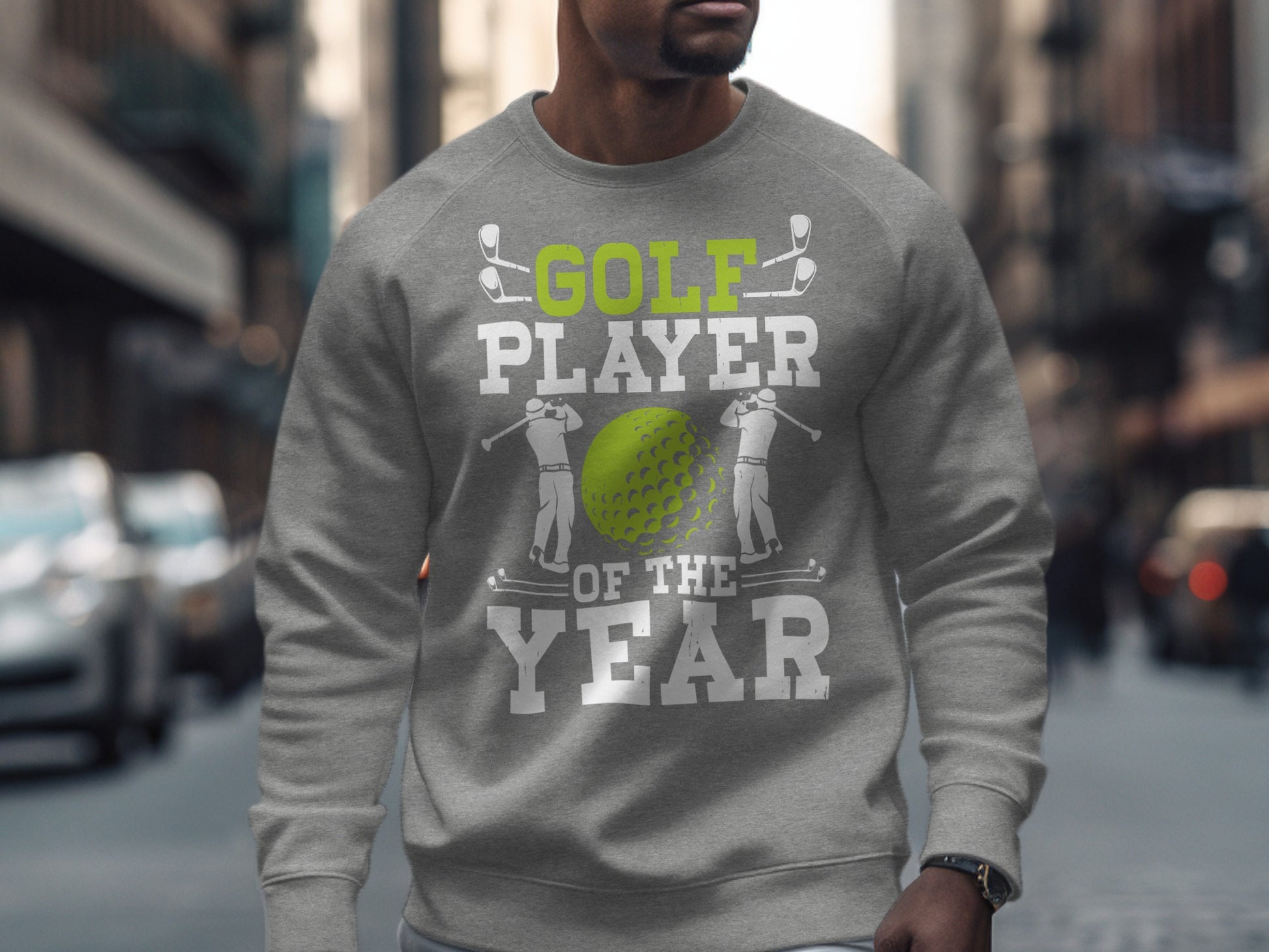Grey sweatshirt with "GOLF PLAYER OF THE YEAR" text and golf graphics.