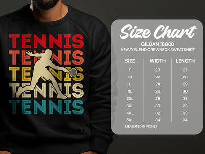 Gildan 18000 sweatshirt size chart with "TENNIS" graphic.