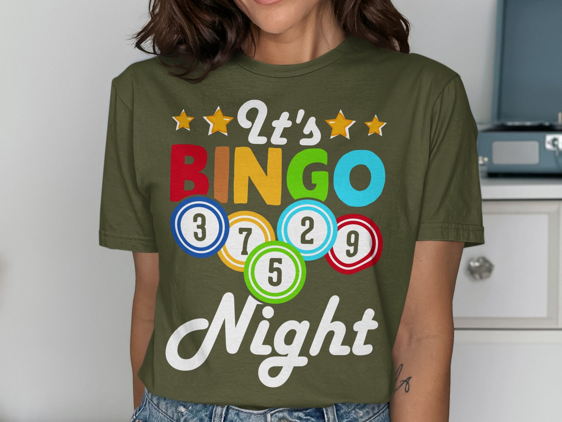 Green t-shirt with "It's Bingo Night" and bingo balls.