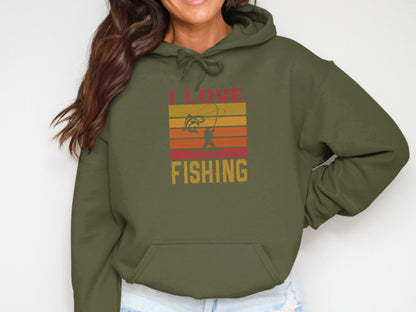 Olive green hoodie with "I Love Fishing" graphic and sunset scene.