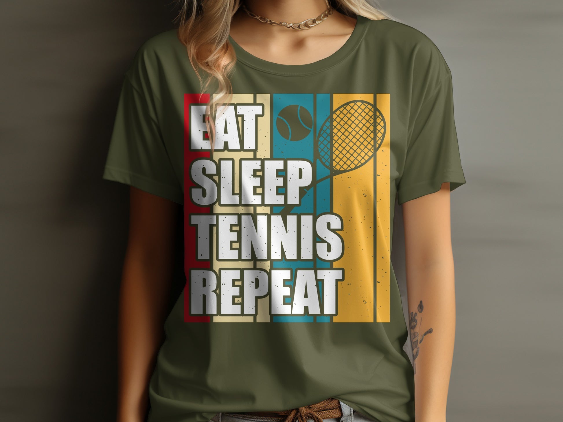 Green t-shirt with "Eat Sleep Tennis Repeat" and a tennis ball and racket graphic.