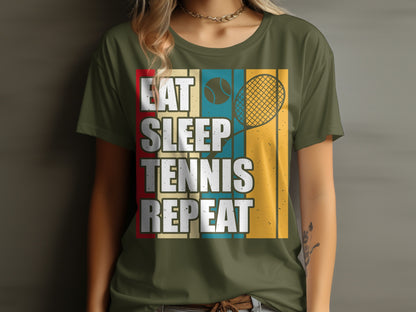 Green t-shirt with "Eat Sleep Tennis Repeat" and a tennis ball and racket graphic.