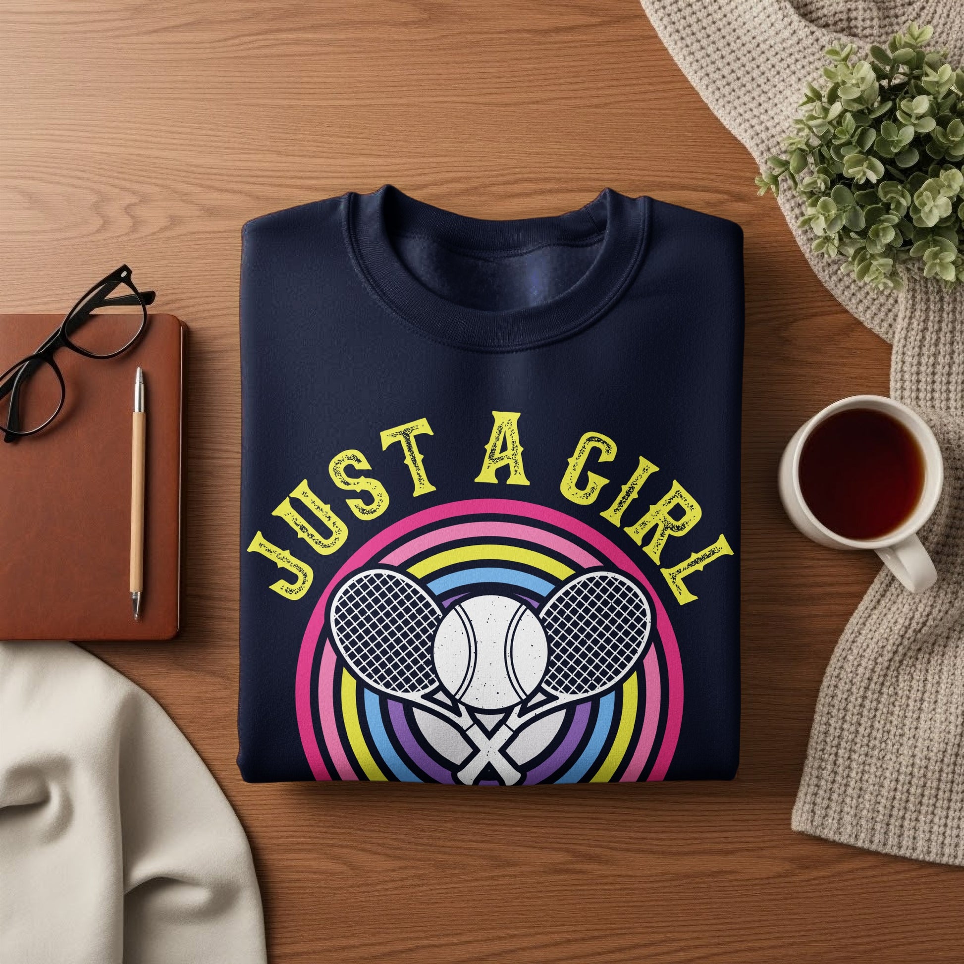 Navy sweatshirt with "Just A Girl" and tennis rackets over a rainbow.