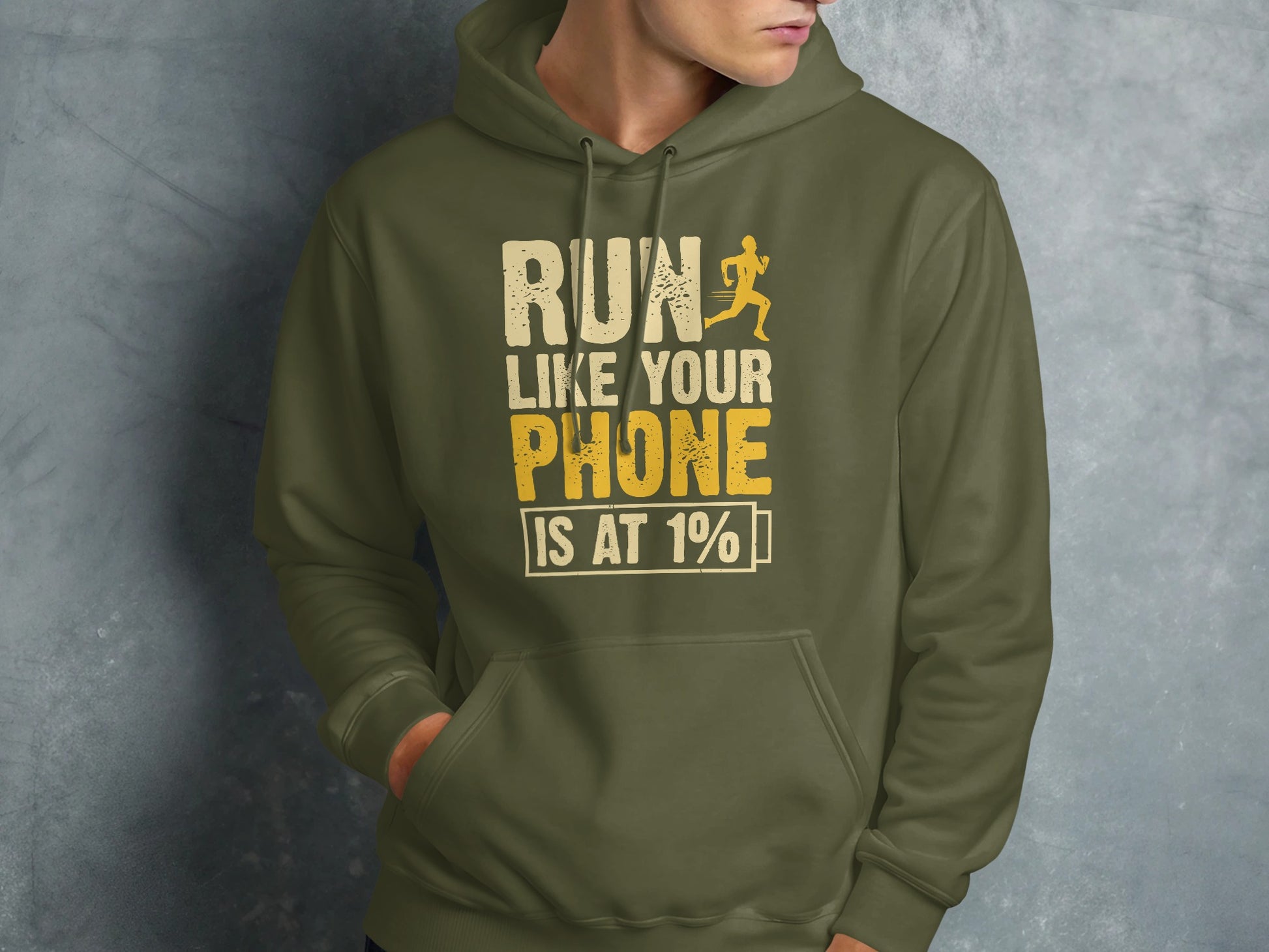 Olive hoodie with "RUN LIKE YOUR PHONE IS AT 1%" text and running graphic.