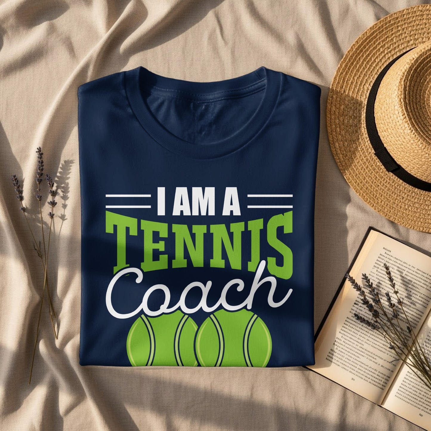 Navy t-shirt with "I AM A TENNIS COACH" and two tennis balls.